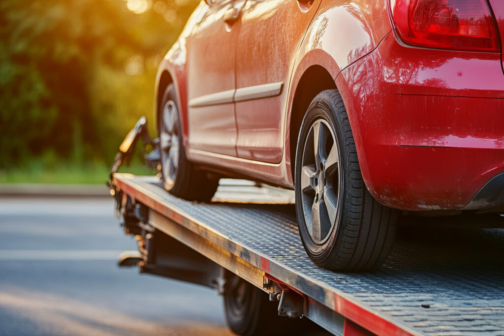 Voiture rouge chargée sur un camion de dépannage pour un transfert à la fourrière de Reims.