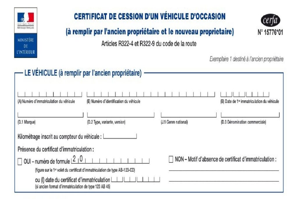 Section 1 à remplir du formulaire de certificat de cession