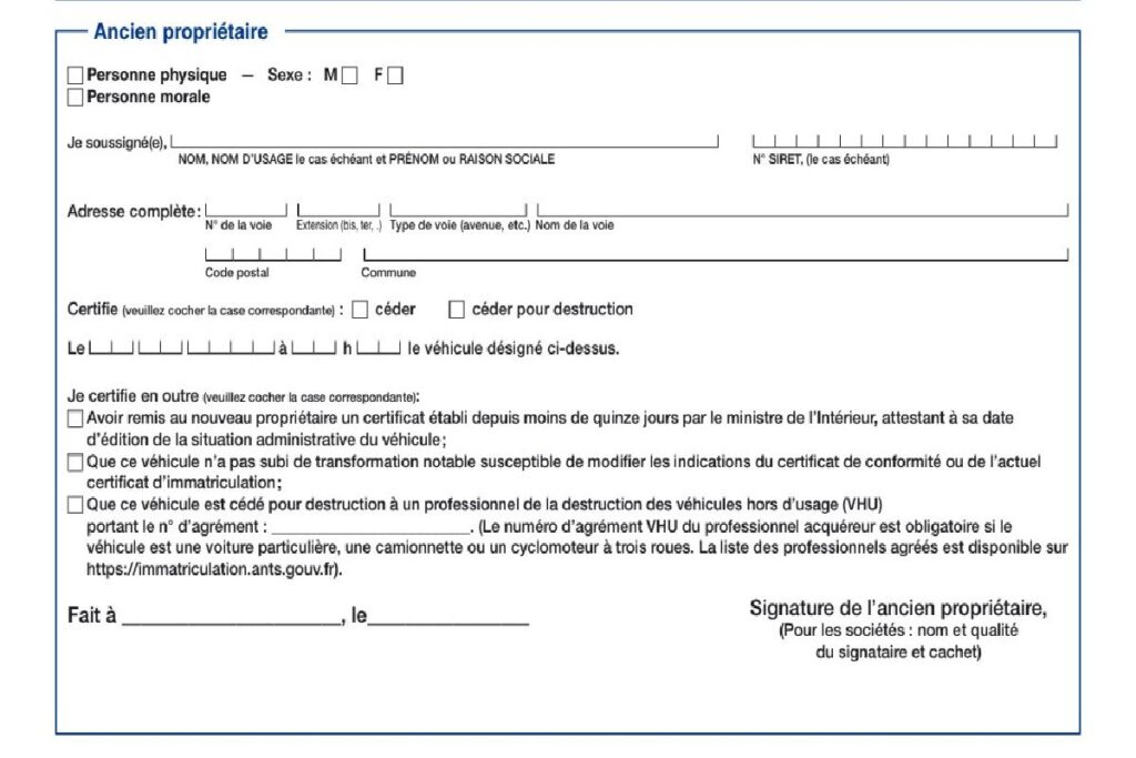 Section 2 du formulaire de certificat de cession