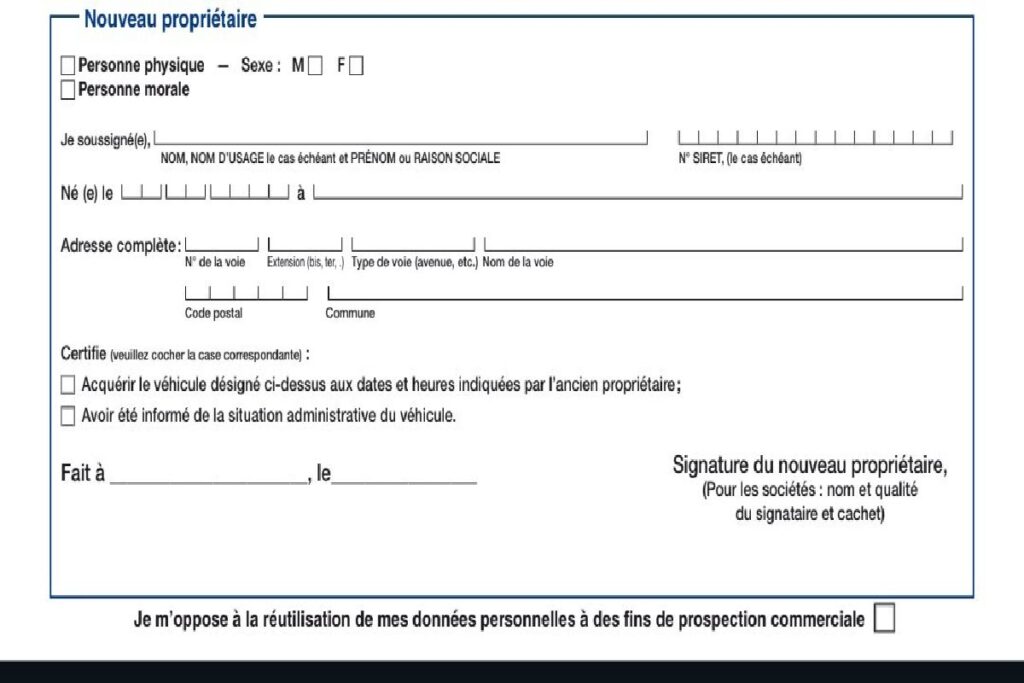 section 3 du formulaire de certificat de cession