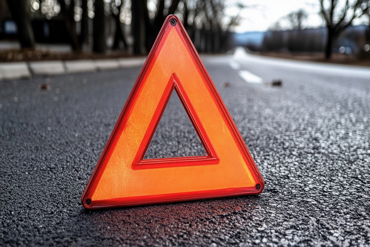 triangle de signalisation placé sur route pour avertir les autres usagers d'une panne ou d'un accident.