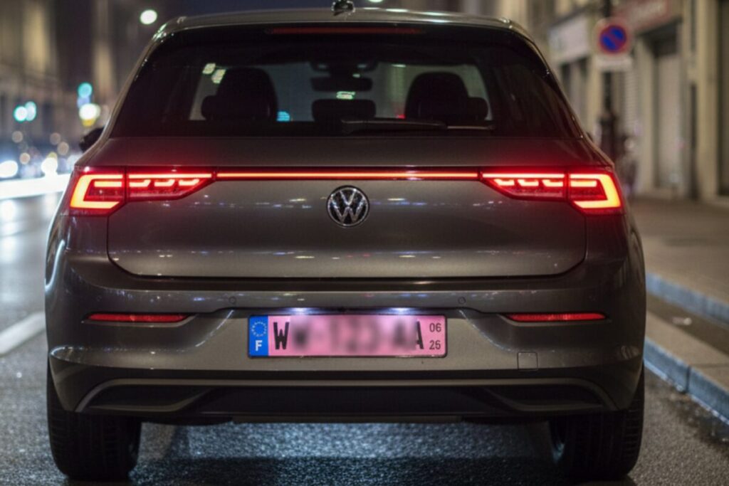 véhicule temporaire avec une plaque d'immatriculation rose