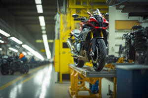 Moto sur un pont de levage dans un centre de contrôle technique deux-roues 2026.