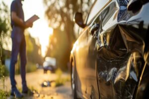 Expert automobile analysant un véhicule accidenté équipé d'une boîte noire obligatoire