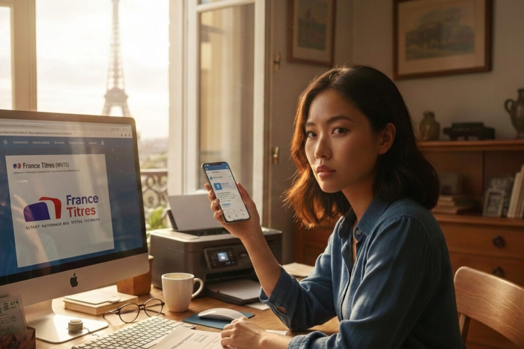 Femme effectuant sa demande d'échange de permis de conduire étranger sur le portail France Titres ANTS depuis son ordinateur.