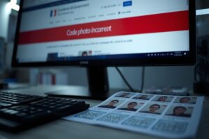 Écran d'ordinateur affichant un message d'erreur signature numérique "Code photo incorrect" sur le site France Titres avec une planche de photos d'identité e-photo sur le bureau.