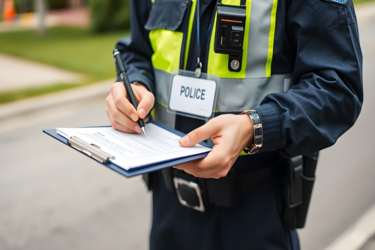 Agent de police remplissant une fiche de circulation provisoire pour récupérer la carte grise d’un véhicule immobilisé