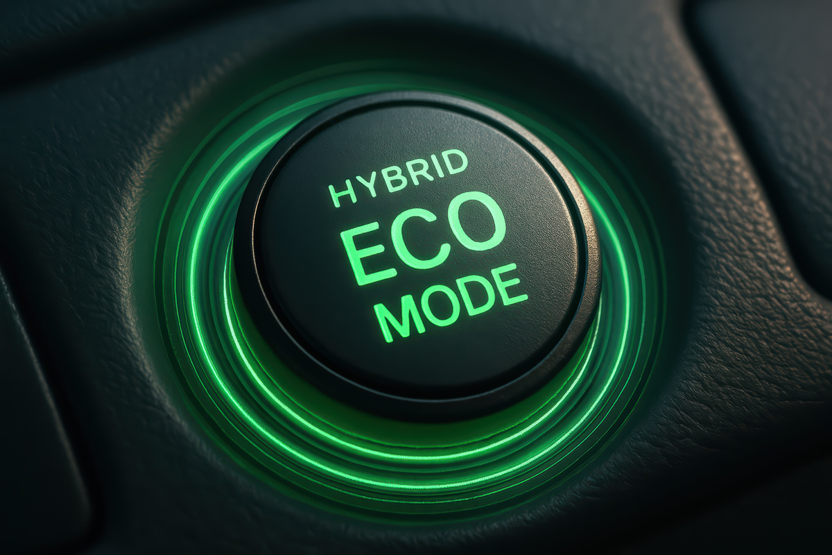 Bouton de commande éco-conduite sur le tableau de bord d'un véhicule hybride en 2026.
