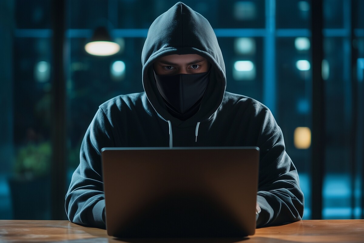 Personne masquée sur un ordinateur illustrant une arnaque à la carte grise
